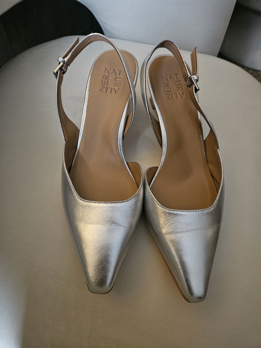 NATURALIZER Silver Pointed-Toe Slingback 2.5 Inch Heel